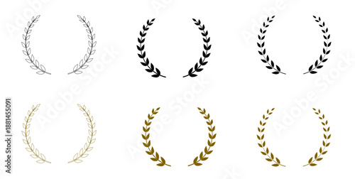 Set of elegant gold and black laurel wreath vector icons, classic circular leaf frames for awards, achievements, and luxury branding