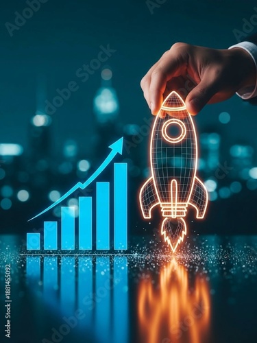 Hand launching glowing rocket next to rising financial growth bar chart