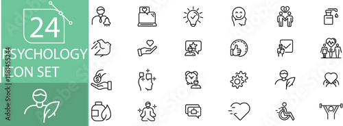 24 Psychology Icons Set Featuring Mental Health, Human Behavior, Brain Activity, Therapy, Counseling, Emotions, Mindfulness, Cognitive Processes, Stress Management, and Psychological Support Concepts.