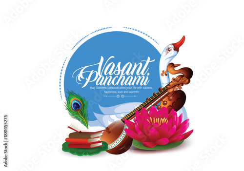 Vasant Panchami Festival Featuring Goddess Saraswati Seated On A Swan, Playing The Veena Atop A Lotus. Theme With Swan, Instrument, Open Book, Peacock Feather, Lotus, Sunrise, Decor, Celebration, 