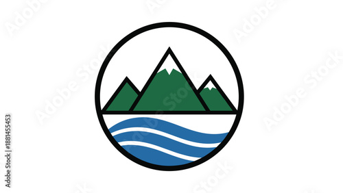Circular logo design featuring green mountains and blue water waves, symbolizing a harmonious blend of land and sea.