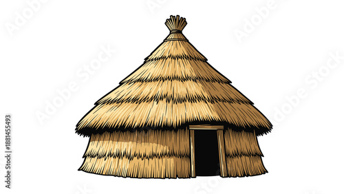 Traditional rustic thatched hut or roundhouse with a conical roof, representing indigenous architecture and simple living.