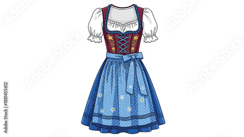 Traditional Bavarian dirndl dress featuring a blue skirt, red corset, and white blouse, showcasing folk attire.