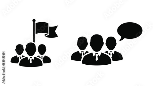 Icons depict a group of people led by a flag and another group communicating with a speech bubble.