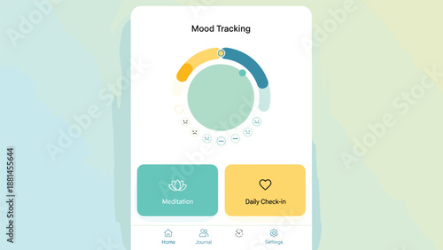 Smartphone interface displaying a mood tracking application with meditation and daily check-in features for mental wellness.