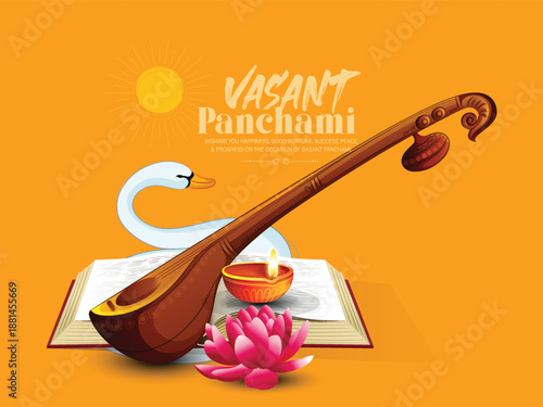 Vasant Panchami Festival Featuring Goddess Saraswati Seated On A Swan, Playing The Veena Atop A Lotus. Theme With Swan, Instrument, Open Book, Peacock Feather, Lotus, Sunrise, Decor, Celebration, 