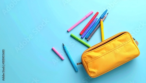 Bright school supplies and yellow pencil case on blue background.