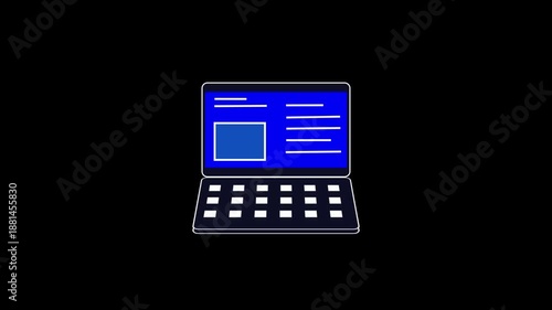Mobile into a Laptop Computer Animated with Blue Screen and White Outlined Keyboard on Black Background for Technology and Computing