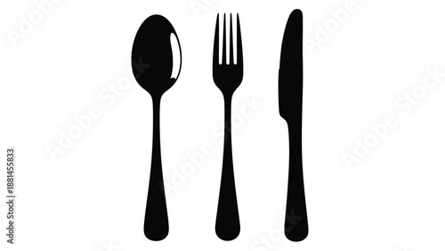 A black spoon, fork, and knife are arranged on a white background.