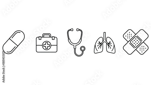 Line art icons of medical supplies including a pill, first aid kit, stethoscope, lungs, and bandages.