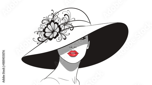 Gorgeous illustration of a woman's face framed by a wide-brimmed white hat with intricate floral swirl patterns and bright red lips.