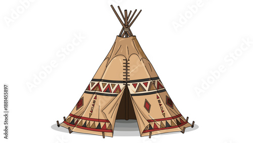Traditional Native American teepee or wigwam tent with intricate geometric patterns, representing cultural heritage.