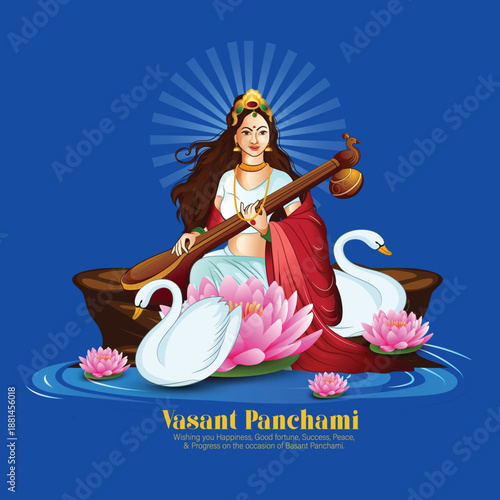 Vasant Panchami Festival Featuring Goddess Saraswati Seated On A Swan, Playing The Veena Atop A Lotus. Theme With Swan, Instrument, Open Book, Peacock Feather, Lotus, Sunrise, Decor, Celebration, 