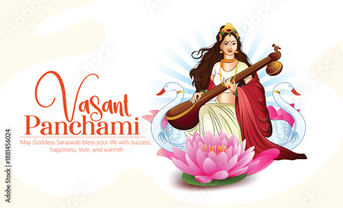 Vasant Panchami Festival Featuring Goddess Saraswati Seated On A Swan, Playing The Veena Atop A Lotus. Theme With Swan, Instrument, Open Book, Peacock Feather, Lotus, Sunrise, Decor, Celebration, 