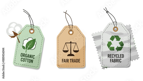 Three distinct eco-friendly labels: Organic Cotton, Fair Trade, and Recycled Fabric, promoting sustainable and ethical consumption.