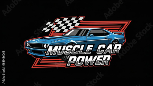 Blue Muscle Car Power with Racing Flag.