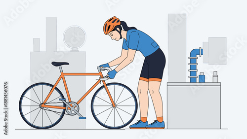 Male cyclist adjusting bicycle in urban workshop illustration