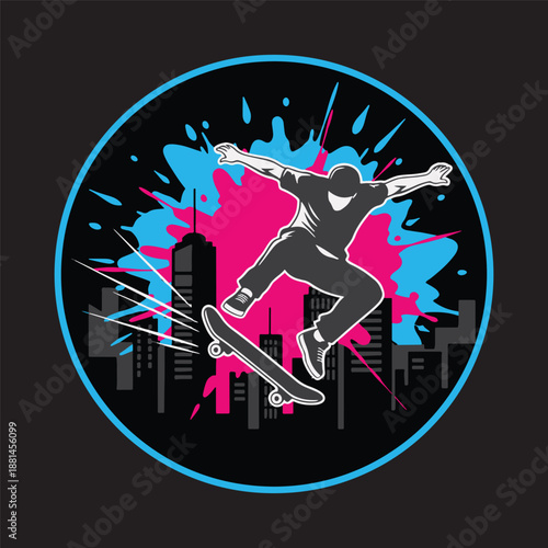 Silhouette of a skateboarder jumping over a city skyline with neon paint splashes vector illustration.