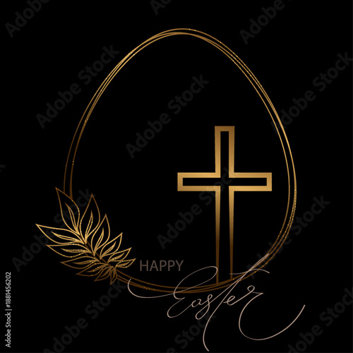 Happy Easter. Isolated design element with a silhouette of an Easter egg and a gold cross.