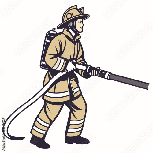 Professional Firefighter Holding Water Hose Hero Character Illustration