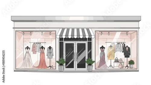 Elegant boutique facade showcasing fashionable dresses on mannequins in the display windows, inviting customers inside.