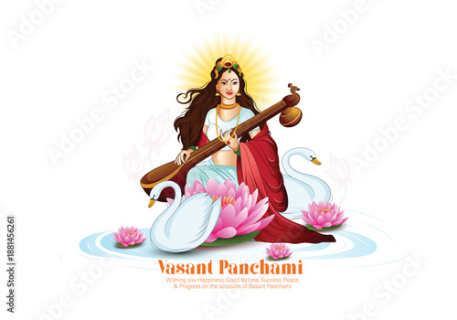 Vasant Panchami Festival Featuring Goddess Saraswati Seated On A Swan, Playing The Veena Atop A Lotus. Theme With Swan, Instrument, Open Book, Peacock Feather, Lotus, Sunrise, Decor, Celebration, 