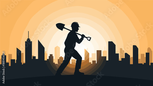 Silhouette of a determined construction worker carrying a shovel over his shoulder against a vibrant sunset and city skyline.