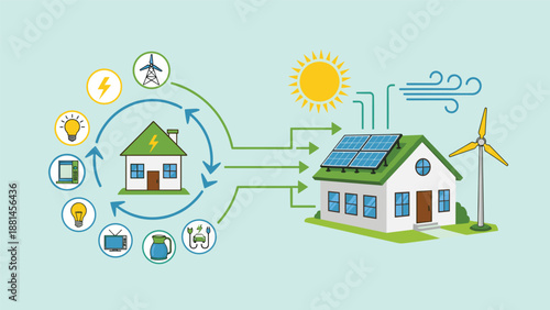 Infographic illustrating a sustainable home powered by solar panels and a wind turbine, demonstrating renewable energy flow and usage.