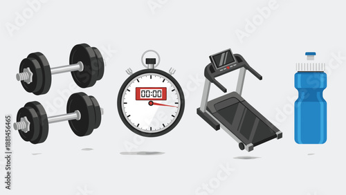 Essential fitness equipment including dumbbells, a stopwatch, treadmill, and water bottle, for a complete workout routine.