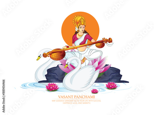 Vasant Panchami Festival Featuring Goddess Saraswati Seated On A Swan, Playing The Veena Atop A Lotus. Theme With Swan, Instrument, Open Book, Peacock Feather, Lotus, Sunrise, Decor, Celebration, 