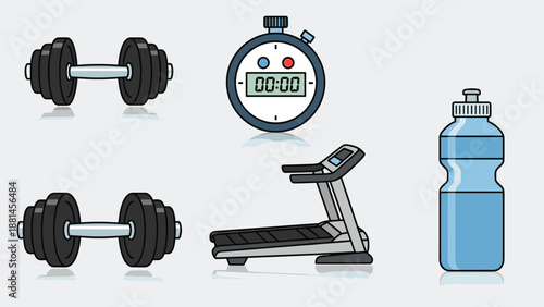 Stylized fitness equipment set featuring dumbbells, a stopwatch, treadmill, and water bottle, representing a workout regimen.