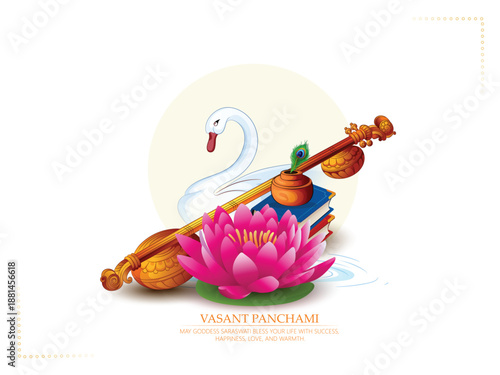 Vasant Panchami Festival Featuring Goddess Saraswati Seated On A Swan, Playing The Veena Atop A Lotus. Theme With Swan, Instrument, Open Book, Peacock Feather, Lotus, Sunrise, Decor, Celebration, 