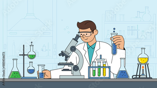 Male scientist in a lab coat and safety glasses conducting experiments with a microscope and beakers in a scientific laboratory.