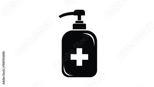A black silhouette of a hand sanitizer bottle with a white cross symbol.