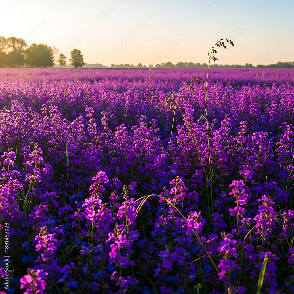 Naklejka premium Expansive field filled with vibrant purple blossoms bathed in warm sunrise light illuminates the distant horizon