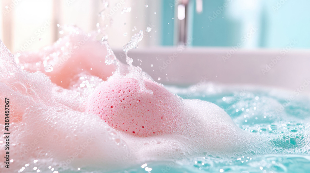 Fototapeta premium Pink bath bomb fizzing in bathtub filled with bubbles and water, creating relaxing and soothing atmosphere for calming bath experience