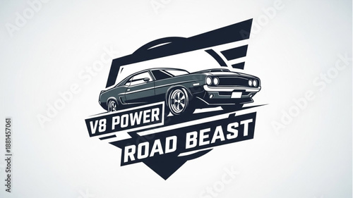 V8 Power Road Beast Muscle Car Emblem Graphic Design.