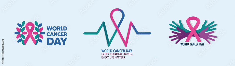 Fototapeta premium A vector graphic illustration of World Cancer Day logos and ribbons in pink, blue, and purple colors