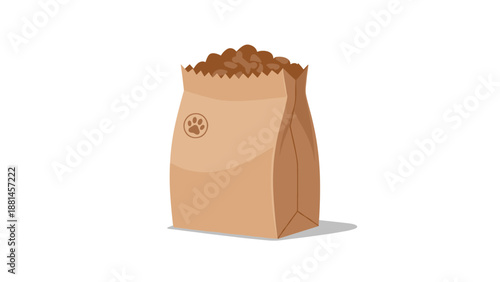 Brown paper bag filled with pet food, featuring a subtle paw print logo, representing natural and healthy pet nutrition.