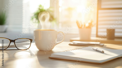 Morning coffee cup with steam, eyeglasses, notebook, and pen on wooden desk in bright sunlight