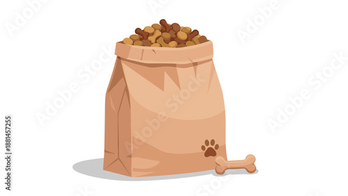 Brown paper bag filled with dog food, featuring a paw print and a bone, symbolizing complete pet nutrition.