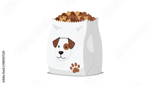 White paper bag filled with dog food, adorned with a cute cartoon dog face, emphasizing pet care and nutrition.