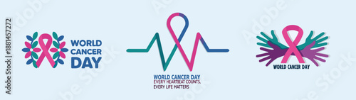 A vector graphic illustration of World Cancer Day logos and ribbons in pink, blue, and purple colors
