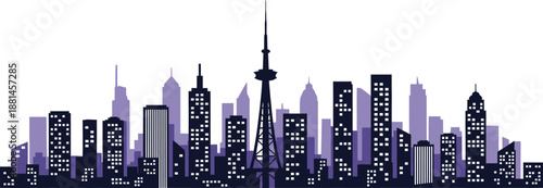 City skyline silhouette with tall tower and illuminated windows at night or dusk