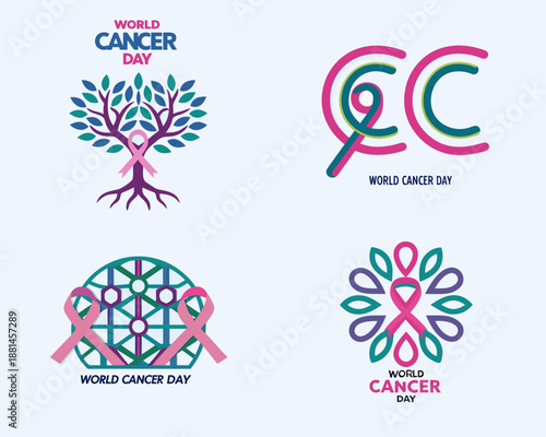 A set of colorful vector graphics illustrating World Cancer Day awareness symbols