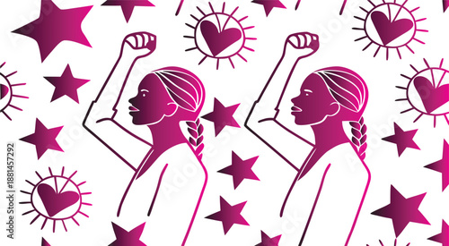 Dynamic pattern celebrating female strength and solidarity, featuring empowered women raising fists amidst decorative stars and sunburst hearts in a vibrant magenta gradient illustration