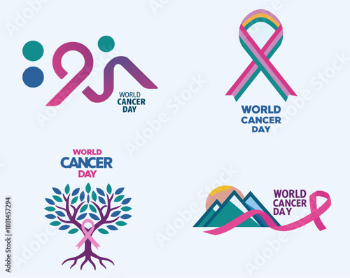 A set of colorful vector graphics and illustrations for World Cancer Day awareness campaign