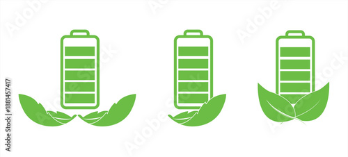 Three battery icons with leaf symbol representing green energy battery, energy, green energy, eco-friendly,  and sustainable power solutions.