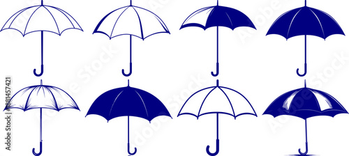 Set of umbrella icons and silhouettes. Vector collection of rain protection symbols in linear and solid styles for weather forecast and autumn design.