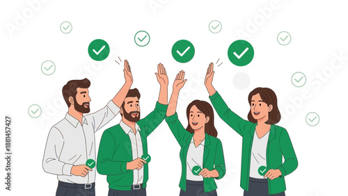 Teamwork success: Diverse group celebrates with high fives and checkmarks